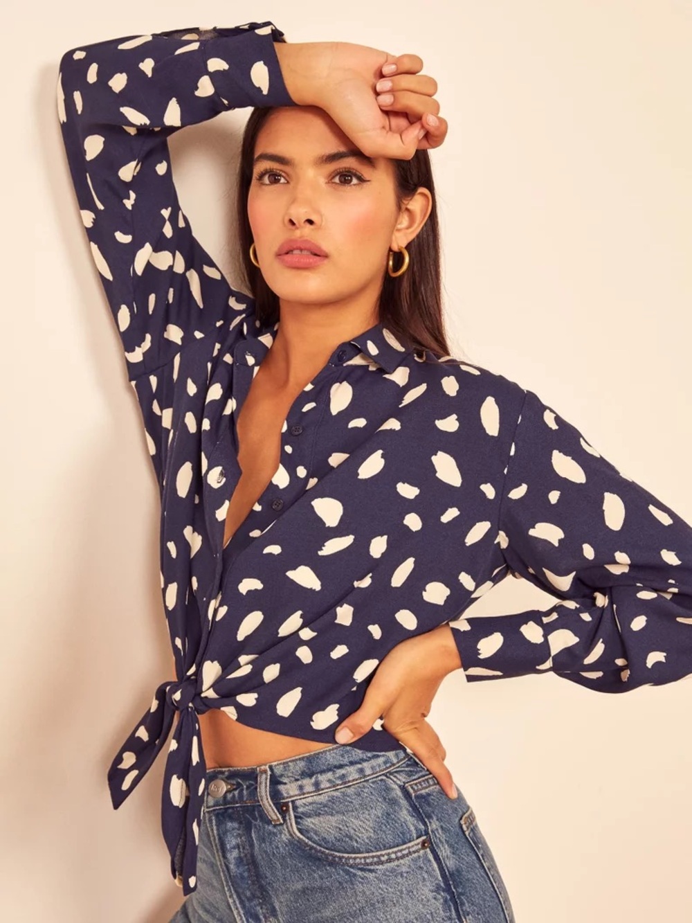 Reformation Navy Splatter Alain Cropped Button Down Blouse Small Office Siren